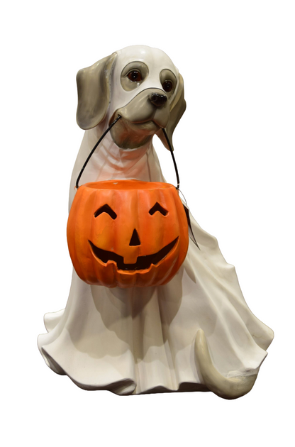 Halloween Dog Ghost Decoration – MGO & Metal Figurine with LED Pumpkin