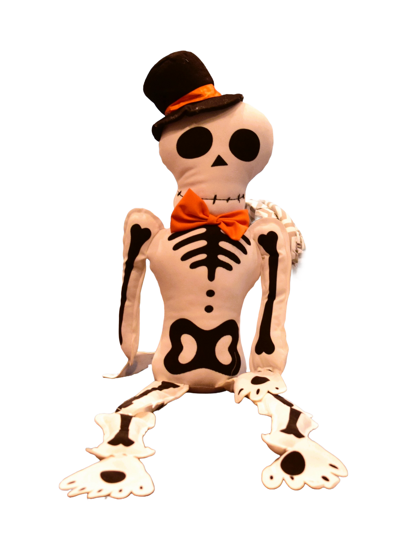 Decorative Fabric Skeleton Plush – Skeleton with Hat and Orange Bow Tie