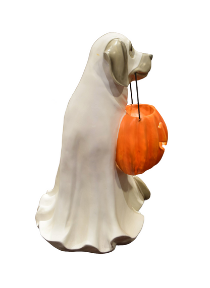 Halloween Dog Ghost Decoration – MGO & Metal Figurine with LED Pumpkin