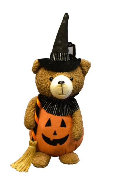 Halloween Pumpkin Bear Plush with Witch Hat and Broom