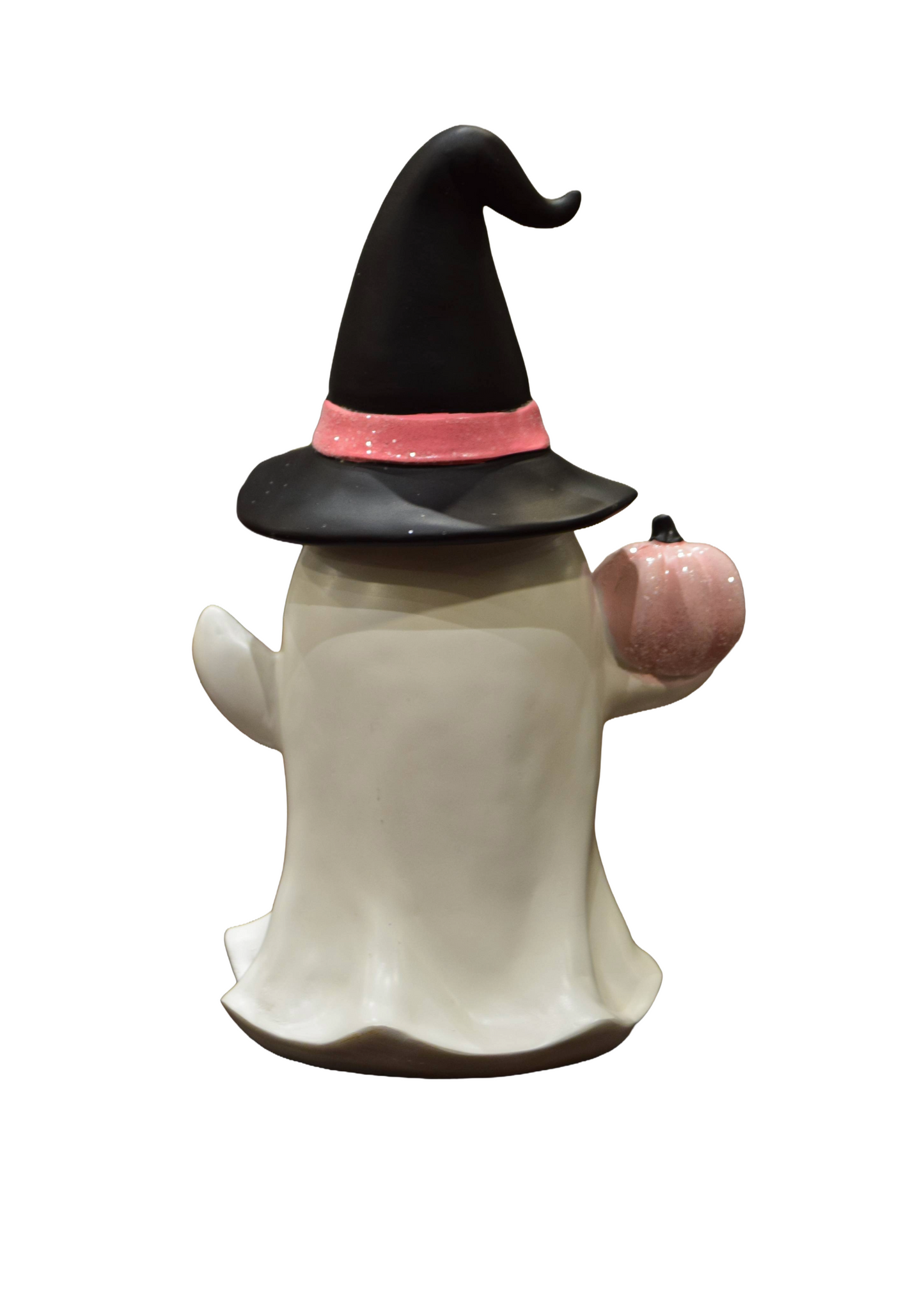 Resin Ghost Decoration – Smiling Ghost with Hat and Pink Pumpkin