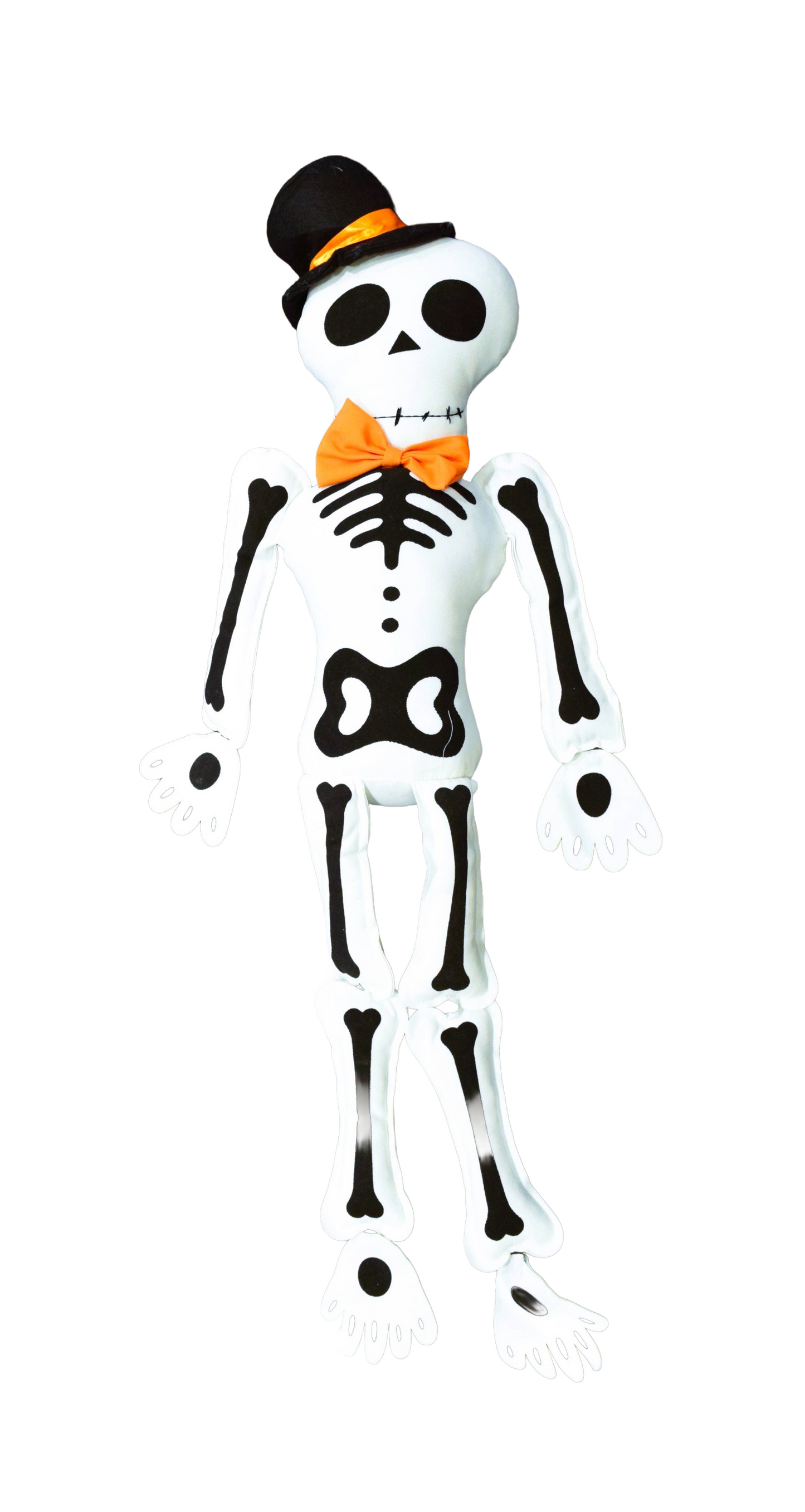 Decorative Fabric Skeleton Plush – Skeleton with Hat and Orange Bow Tie