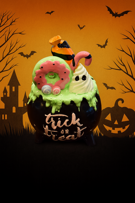 Halloween Resin Cauldron Decoration – Black Pot with Green Slime and Treats