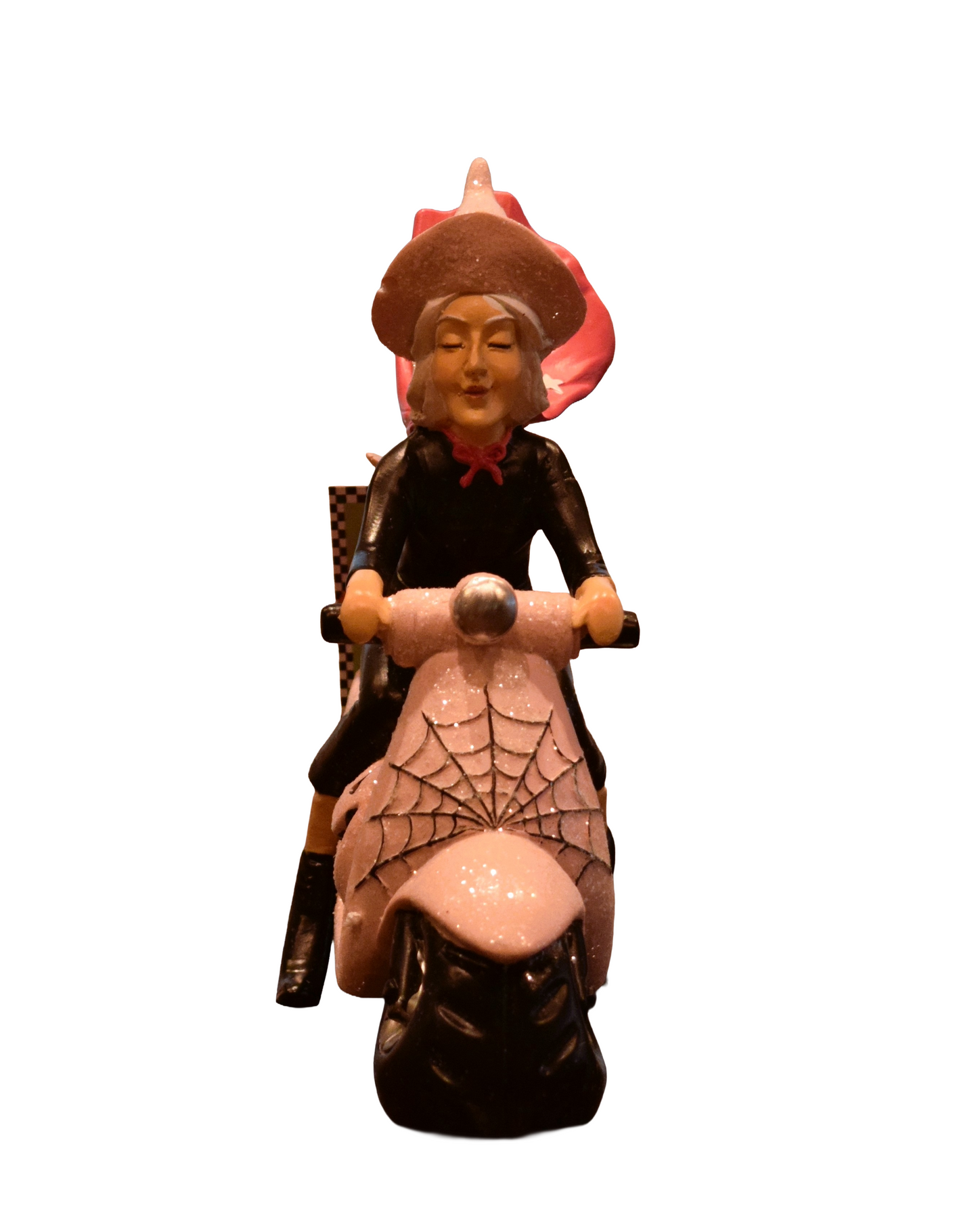 Resin Witch Riding Scooter – Halloween Decoration with Cat and Pumpkin Details
