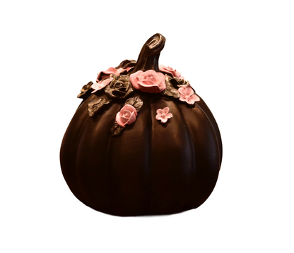 Elegant Black Resin Pumpkin with Pink Floral Accents