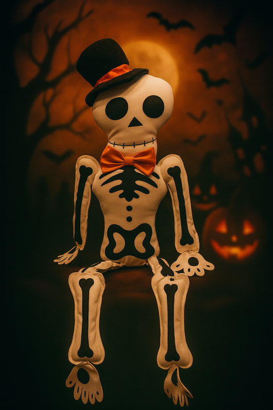 Decorative Fabric Skeleton Plush – Skeleton with Hat and Orange Bow Tie