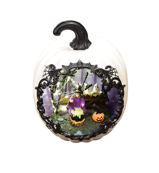 Resin Pumpkin with Witch Scene – Light‑Up Halloween Tabletop Decoration