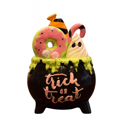 Halloween Resin Cauldron Decoration – Black Pot with Green Slime and Treats