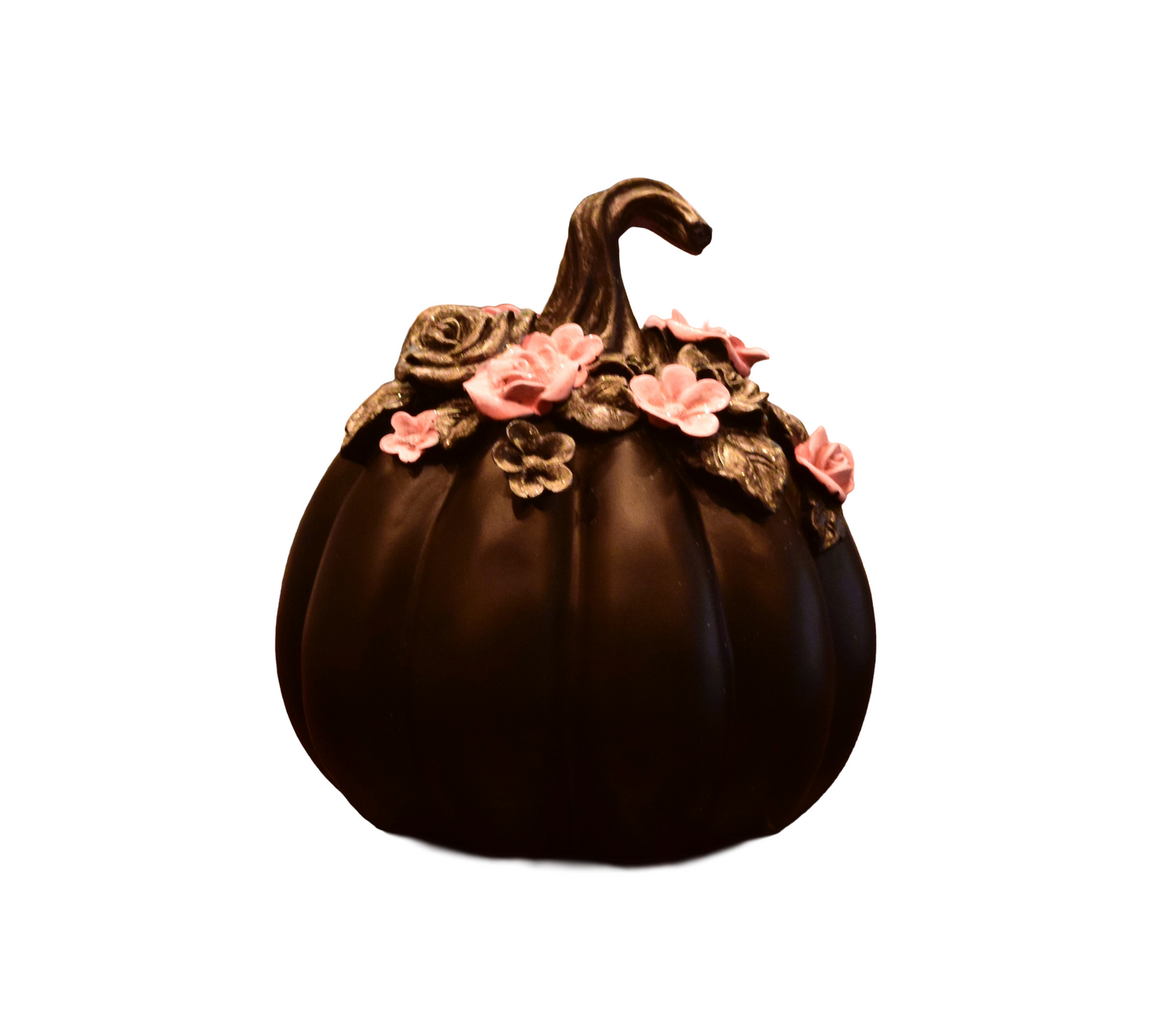 Elegant Black Resin Pumpkin with Pink Floral Accents