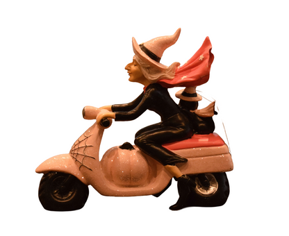 Resin Witch Riding Scooter – Halloween Decoration with Cat and Pumpkin Details