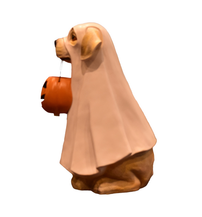 Resin Halloween Dog Figurine – Ghost Costume with LED Jack‑o’‑Lantern