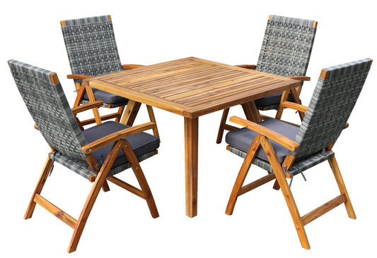 Eden Grace 5 PC Acacia Wood Dining Set Wicker Folding Chairs with Seat Cushion