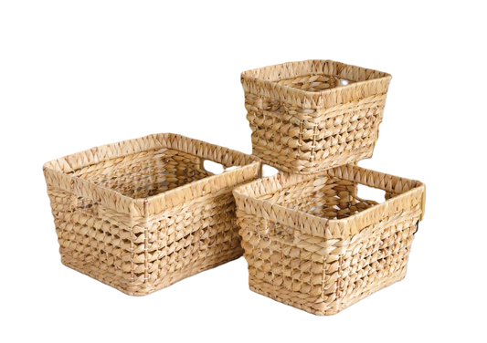 Eden Grace - Set of 3 Rectangular Water Hyacinth Baskets with Iron Frame, Hole Handles, and Double Rim - Big Flower Weave, Natural Color