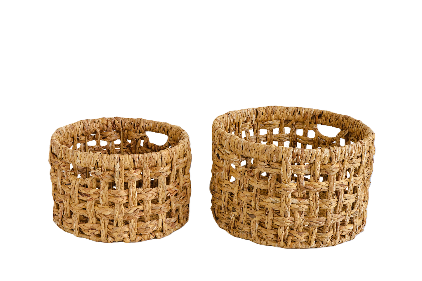 Eden Grace - Set of 2 Round Eco-Friendly Wicker Baskets with Double Rim, Iron Frame, and Hole Handles - Braid Karo Weave, Natural Color