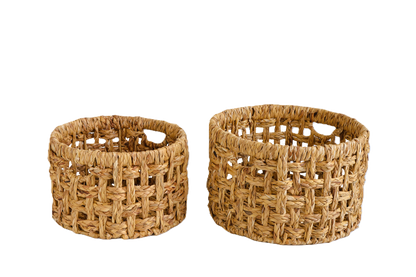 Eden Grace - Set of 2 Round Eco-Friendly Wicker Baskets with Double Rim, Iron Frame, and Hole Handles - Braid Karo Weave, Natural Color