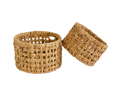 Eden Grace - Set of 2 Round Eco-Friendly Wicker Baskets with Double Rim, Iron Frame, and Hole Handles - Braid Karo Weave, Natural Color