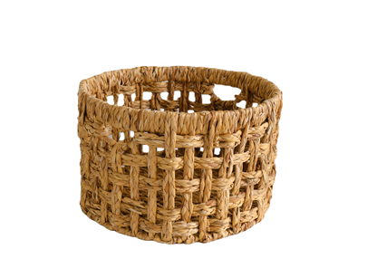 Eden Grace - Set of 2 Round Eco-Friendly Wicker Baskets with Double Rim, Iron Frame, and Hole Handles - Braid Karo Weave, Natural Color