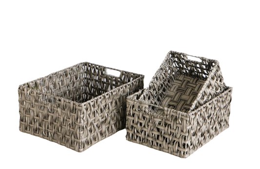 Eden Grace - Set of 3 Rectangular Hand Woven Wicker Baskets with Iron Frame and Hole Handles - Vertical Twisted Weave, Grey Color