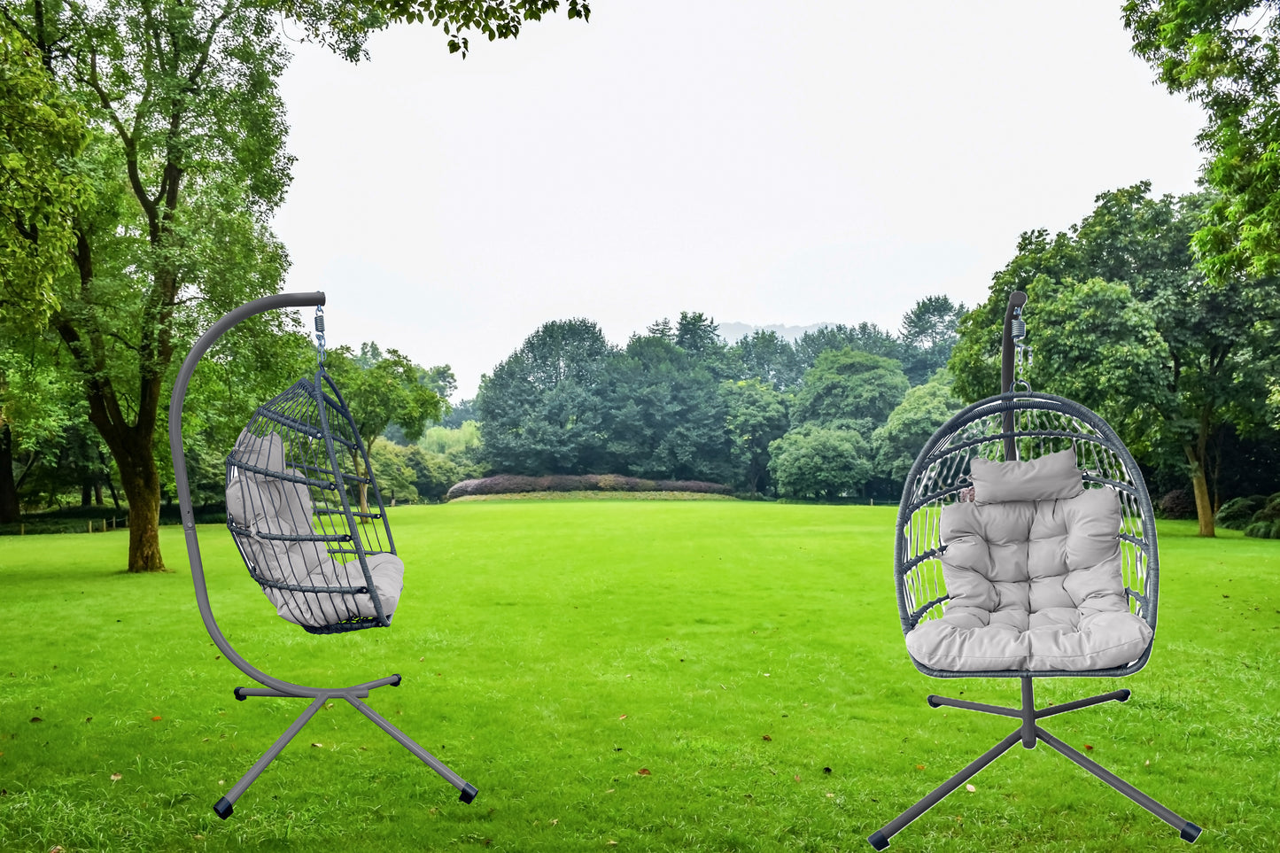 Eden Grace Rope Folding Hanging Egg Chair with Seat & Head Cushions, Indoor Outdoor Patio Wicker Swing Egg Basket Chairs with Stand UV Resistant Cushions 350lbs Capacity.