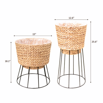 Eden Grace Set of 2 Hand Woven Wicker Planters with Metal Stand - Made with Eco-Friendly Sustainable Water Hyacinth