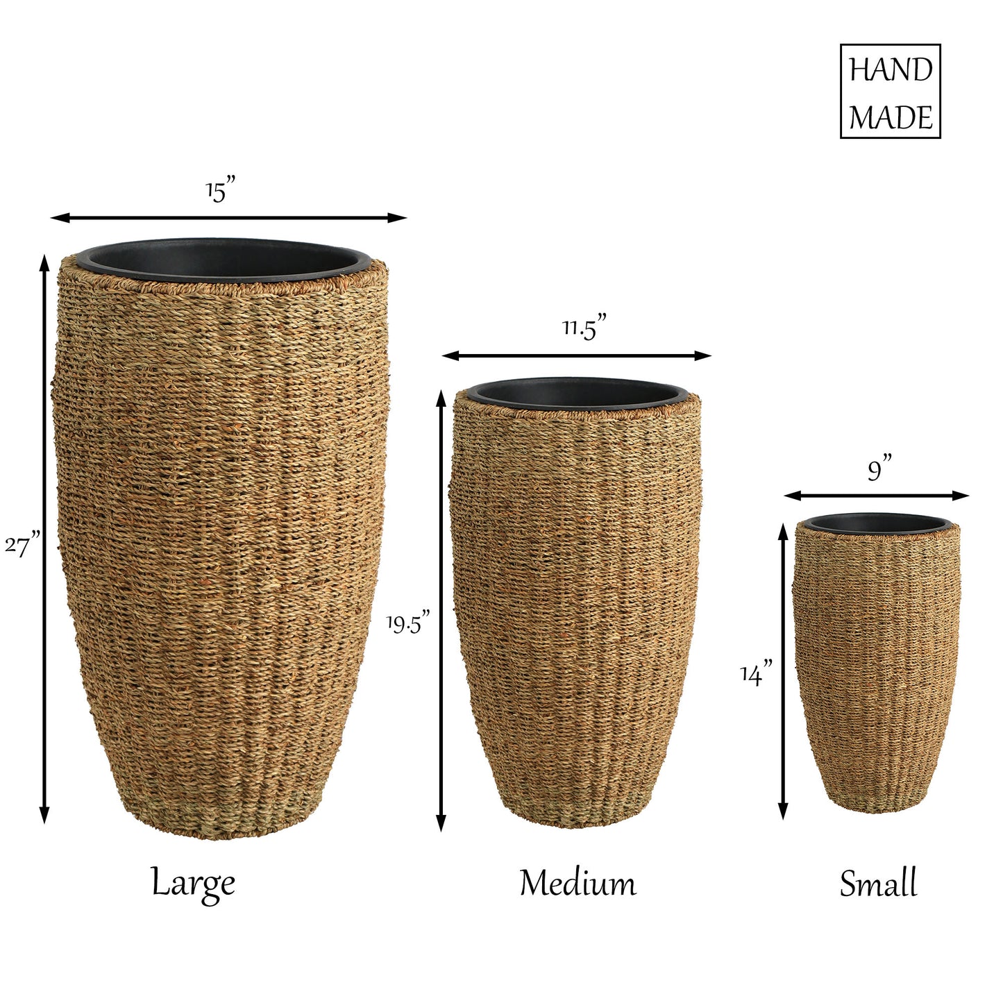 Eden Grace Set of 3 Hand Woven Round Wicker Planters - Made with Eco-Friendly Sustainable Seagrass - Comes with Polyethylene Pot inside