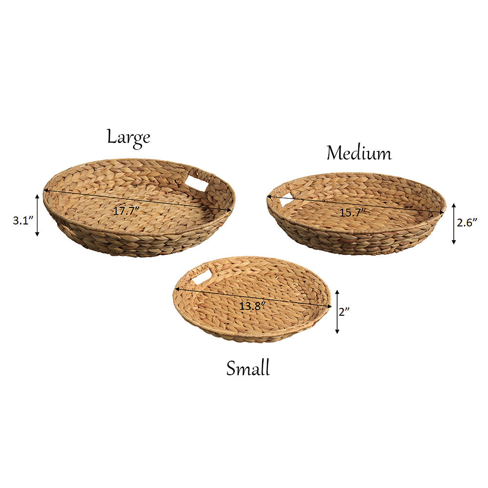 Eden Grace Set of 3 Hand Woven Tapered Round Wicker Serving Trays, Arrow Weave Design with Handles, Tea Tray, Fruit Basket for Coffee Table and Breakfasts
