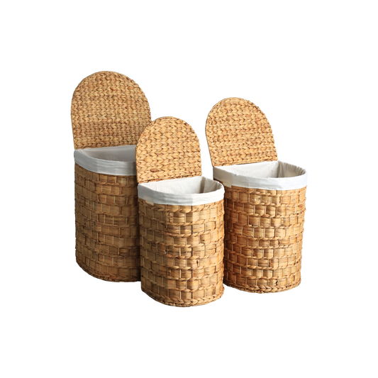 Eden Grace Set of 3 Half Moon Hand-Woven Wicker Hampers with Rice Nut Flat Weave and Iron Frame