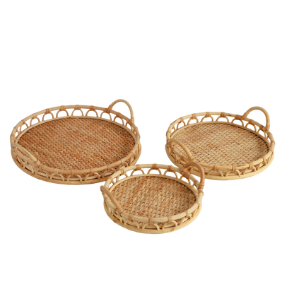 Eden Grace Hand Woven Round Rattan Serving Trays with Wavy Design and Handles, Tea Tray, Fruit Basket for Coffee Table and Breakfasts