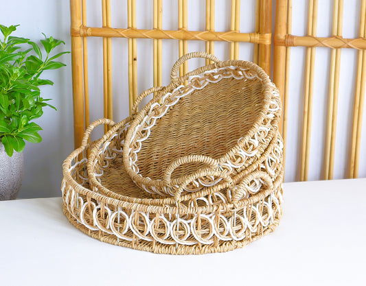 Eden Grace - Set of 3 Round Hand Woven Trays with Iron Frame and Ear Handles - Faux Paper Twisted Weave, Natural Mix White Color