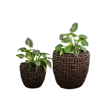 Eden Grace Set Of 2 Round All-Weather Wicker Planter With Plastic Liner Pot -Indoor / Outdoors Patio Herb Garden Furnishings