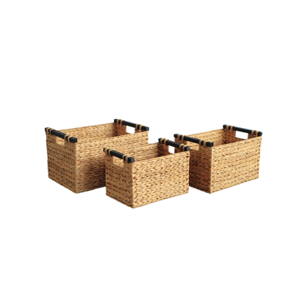 Eden Grace Set of 3 Hand Woven Wicker Baskets with Black Wooden Handles and Arrow Weave - Rectangular