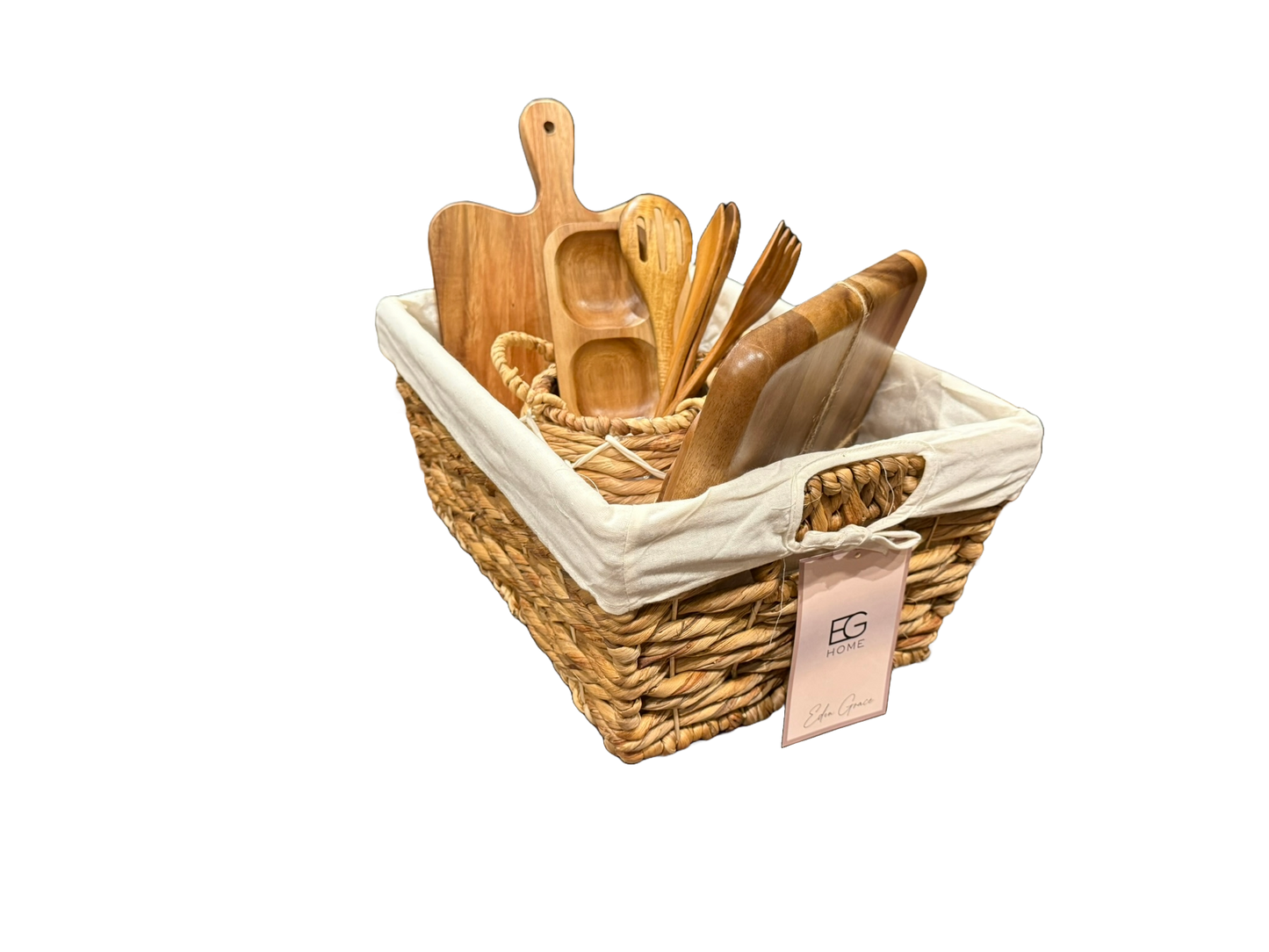Eden Grace Acacia Wood Kitchen Gift Basket, 11-Piece – Wicker Storage Basket with Mini Planter, 3 Wooden Serving Trays, Cutting Board, 5 Utensils & 3-Section Tray
