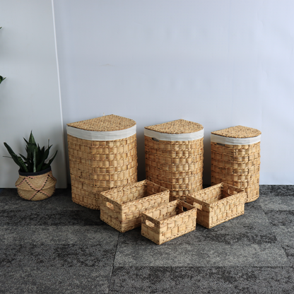 Eden Grace Set of 3 Half Moon Hand-Woven Wicker Hampers with Rice Nut Flat Weave and Iron Frame