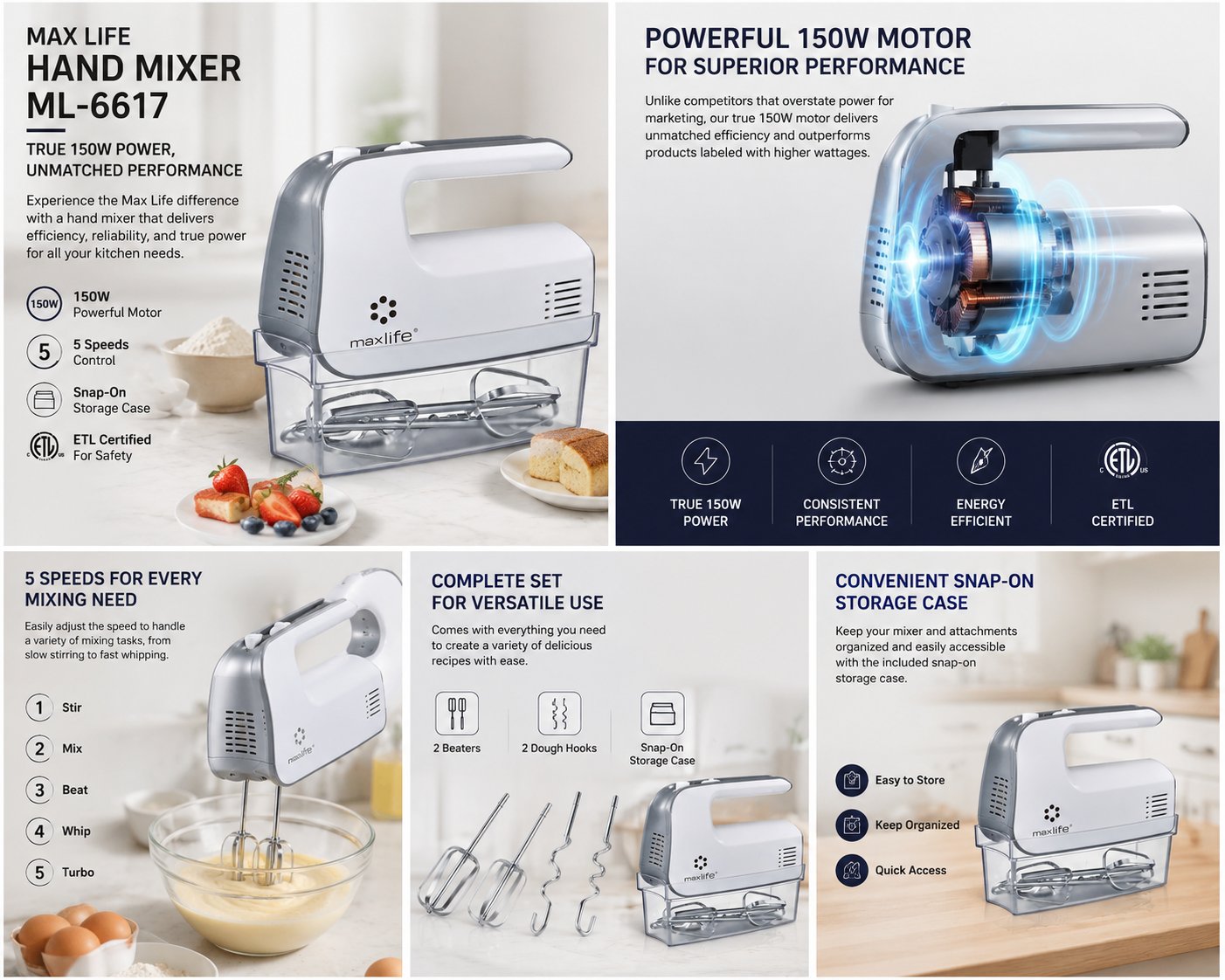 Max Life Electric Hand Mixer, 5 Speed, White, With Snap-On Storage Case