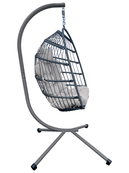 Eden Grace Rope Folding Hanging Egg Chair with Seat & Head Cushions, Indoor Outdoor Patio Wicker Swing Egg Basket Chairs with Stand UV Resistant Cushions 350lbs Capacity.