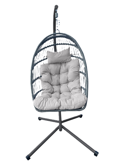 Eden Grace Rope Folding Hanging Egg Chair with Seat & Head Cushions, Indoor Outdoor Patio Wicker Swing Egg Basket Chairs with Stand UV Resistant Cushions 350lbs Capacity.