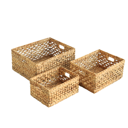 Eden Grace - Set of 3 Hand-Woven Wicker Baskets  - Water Hyacinth, Nesting Sizes for Smart Storage, Eco-Friendly Home Decor with Arrow-Flower Weave