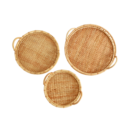 Eden Grace Hand Woven Round Rattan Serving Trays with Wavy Design and Handles, Tea Tray, Fruit Basket for Coffee Table and Breakfasts