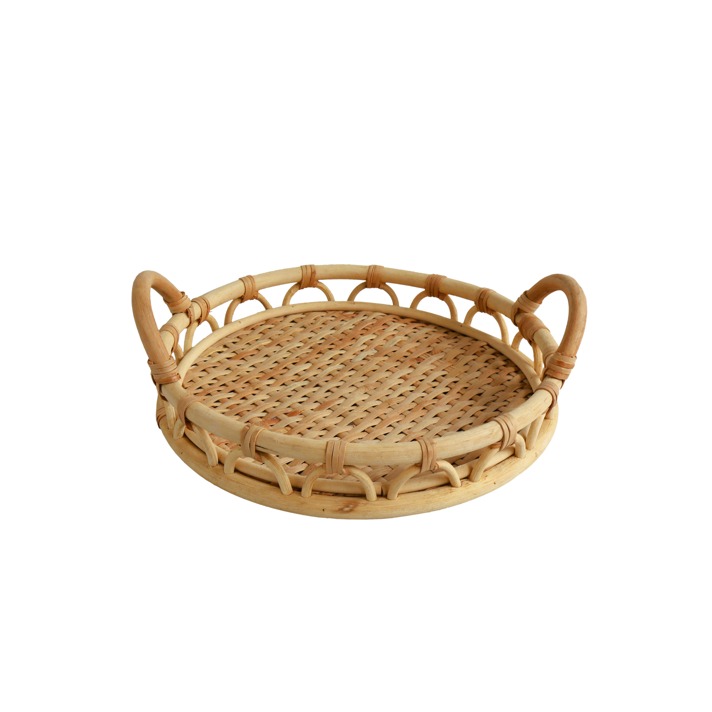 Eden Grace Set of 3 Hand Woven Round Rattan Serving Trays with Wavy Design and Handles, Tea Tray, Fruit Basket for Coffee Table and Breakfasts