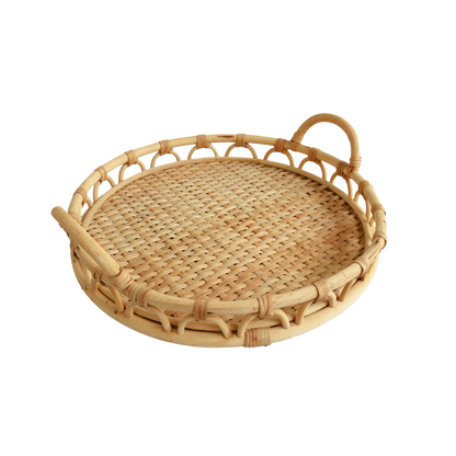 Eden Grace Set of 3 Hand Woven Round Rattan Serving Trays with Wavy Design and Handles, Tea Tray, Fruit Basket for Coffee Table and Breakfasts
