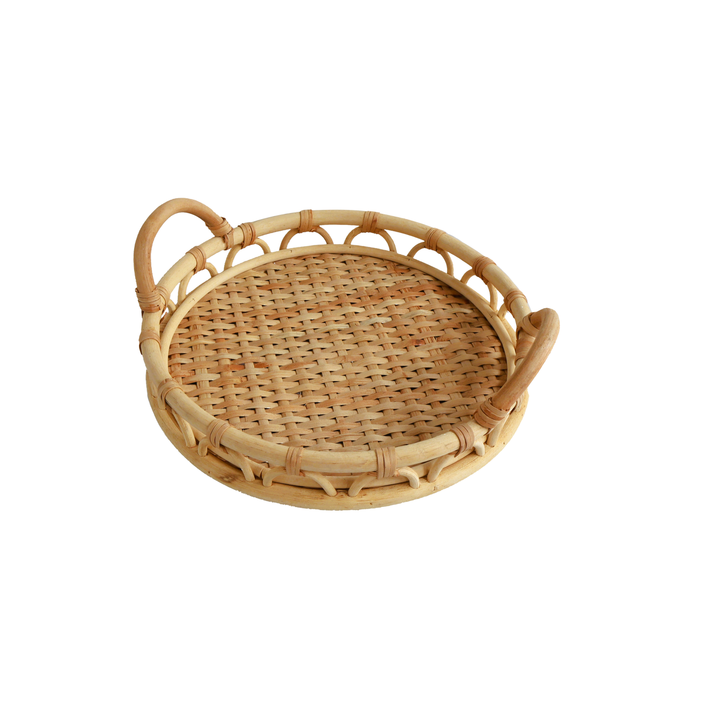 Eden Grace Hand Woven Round Rattan Serving Trays with Wavy Design and Handles, Tea Tray, Fruit Basket for Coffee Table and Breakfasts