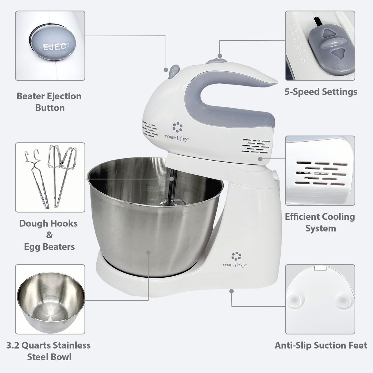 Max Life 3.2 Quarts Stand Mixer - 5-Speed Electric Powerful Stand Mixer, White, with Stainless Steel Bowl, Dough Hooks, Beaters,