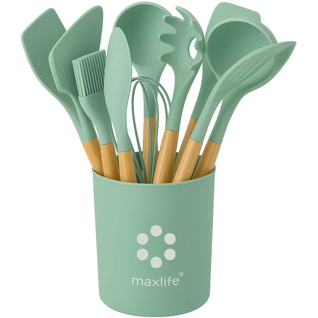 MaxLife Silicone Cooking Utensil Set with Holder, 12-Piece – Sage Green, Wooden Handles – Heat Resistant, Nonstick Safe Spatulas, Spoons, Turner, Tongs & Whisk – Premium Kitchen Tool Set