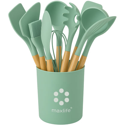 MaxLife Silicone Cooking Utensil Set with Holder, 12-Piece – Sage Green, Wooden Handles – Heat Resistant, Nonstick Safe Spatulas, Spoons, Turner, Tongs & Whisk – Premium Kitchen Tool Set