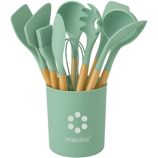 MaxLife Silicone Cooking Utensil Set with Holder, 12-Piece – Sage Green, Wooden Handles – Heat Resistant, Nonstick Safe Spatulas, Spoons, Turner, Tongs & Whisk – Premium Kitchen Tool Set