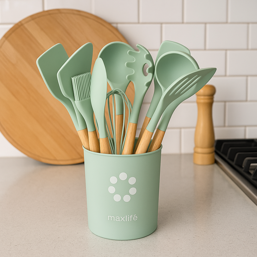 MaxLife Silicone Cooking Utensil Set with Holder, 12-Piece – Sage Green, Wooden Handles – Heat Resistant, Nonstick Safe Spatulas, Spoons, Turner, Tongs & Whisk – Premium Kitchen Tool Set