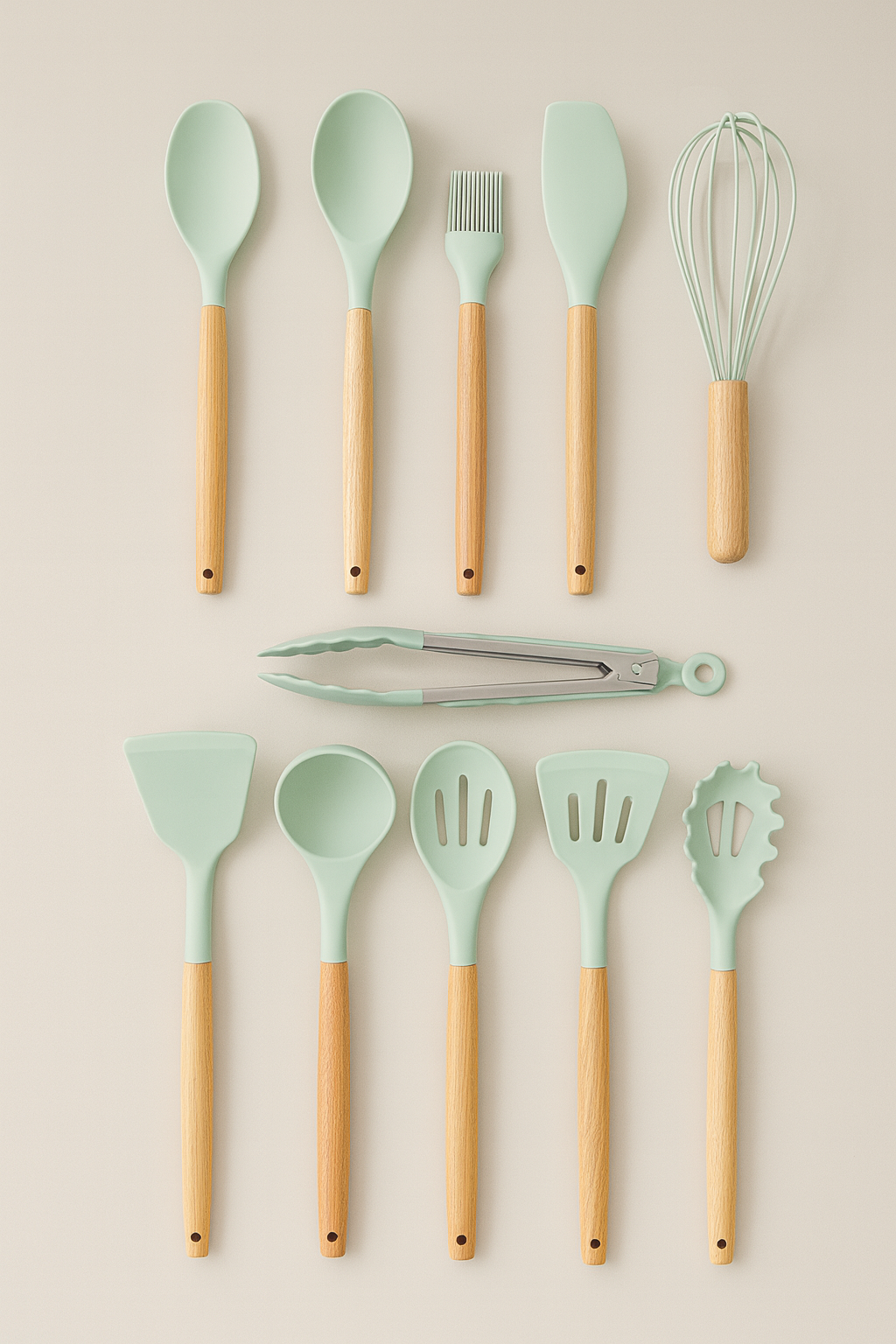 MaxLife Silicone Cooking Utensil Set with Holder, 12-Piece – Sage Green, Wooden Handles – Heat Resistant, Nonstick Safe Spatulas, Spoons, Turner, Tongs & Whisk – Premium Kitchen Tool Set