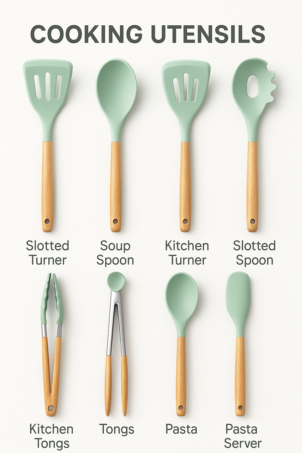 MaxLife Silicone Cooking Utensil Set with Holder, 12-Piece – Sage Green, Wooden Handles – Heat Resistant, Nonstick Safe Spatulas, Spoons, Turner, Tongs & Whisk – Premium Kitchen Tool Set