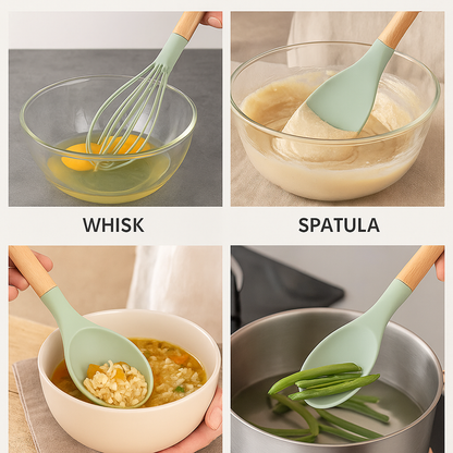MaxLife Silicone Cooking Utensil Set with Holder, 12-Piece – Sage Green, Wooden Handles – Heat Resistant, Nonstick Safe Spatulas, Spoons, Turner, Tongs & Whisk – Premium Kitchen Tool Set