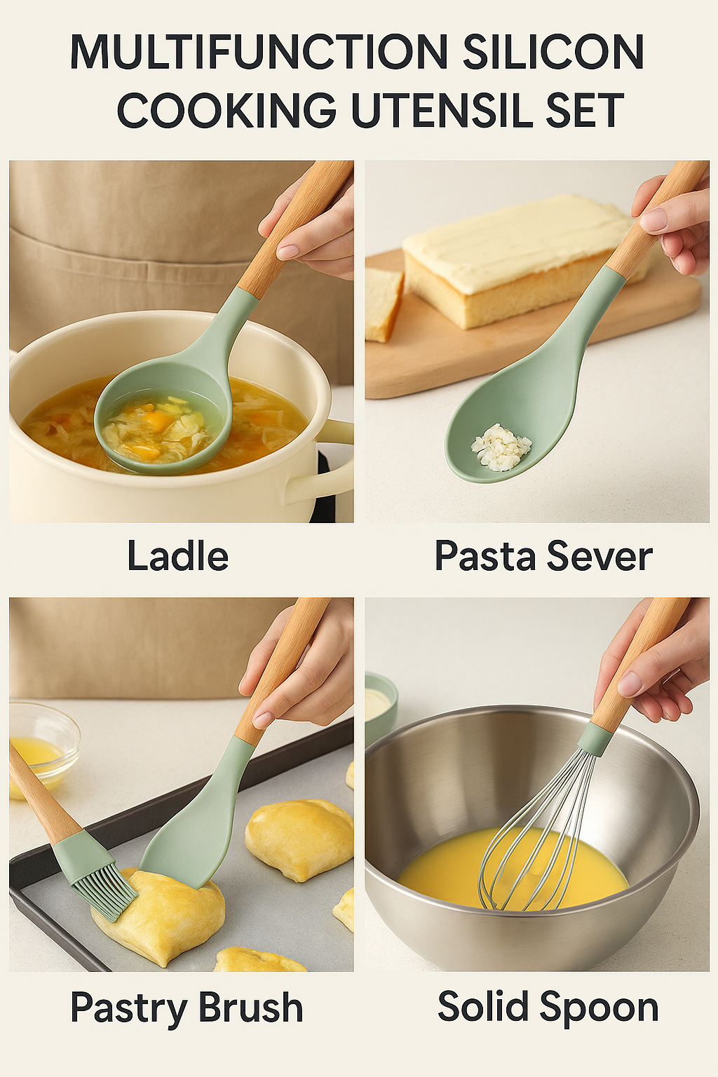 MaxLife Silicone Cooking Utensil Set with Holder, 12-Piece – Sage Green, Wooden Handles – Heat Resistant, Nonstick Safe Spatulas, Spoons, Turner, Tongs & Whisk – Premium Kitchen Tool Set